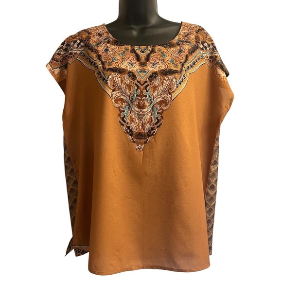 Soft Surroundings Warm Tone Pattern Short Sleeve Lightweight Top Sz M - Picture 2 of 5